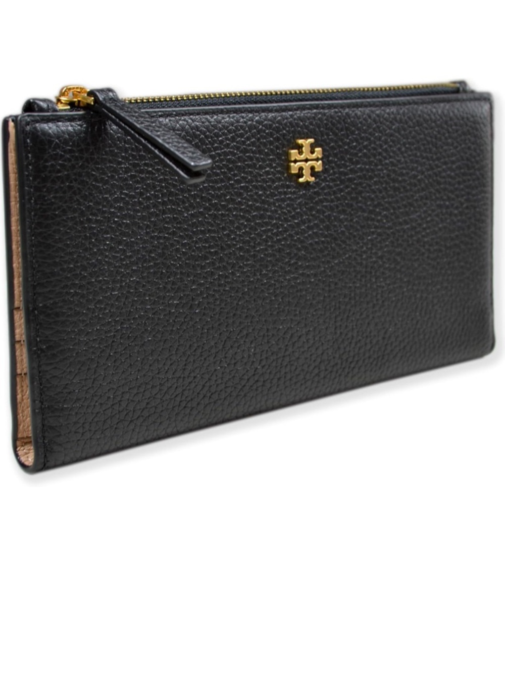 Tory Burch Blacke Color-Block slim Pebbled Leather Wallet with Gold hardware